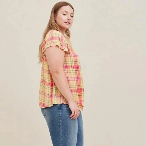 Torrid | Smocked Crew Neck Blouse Crinkle Gauze Plaid Yellow Plus Size 3X - Picture 6 of 6